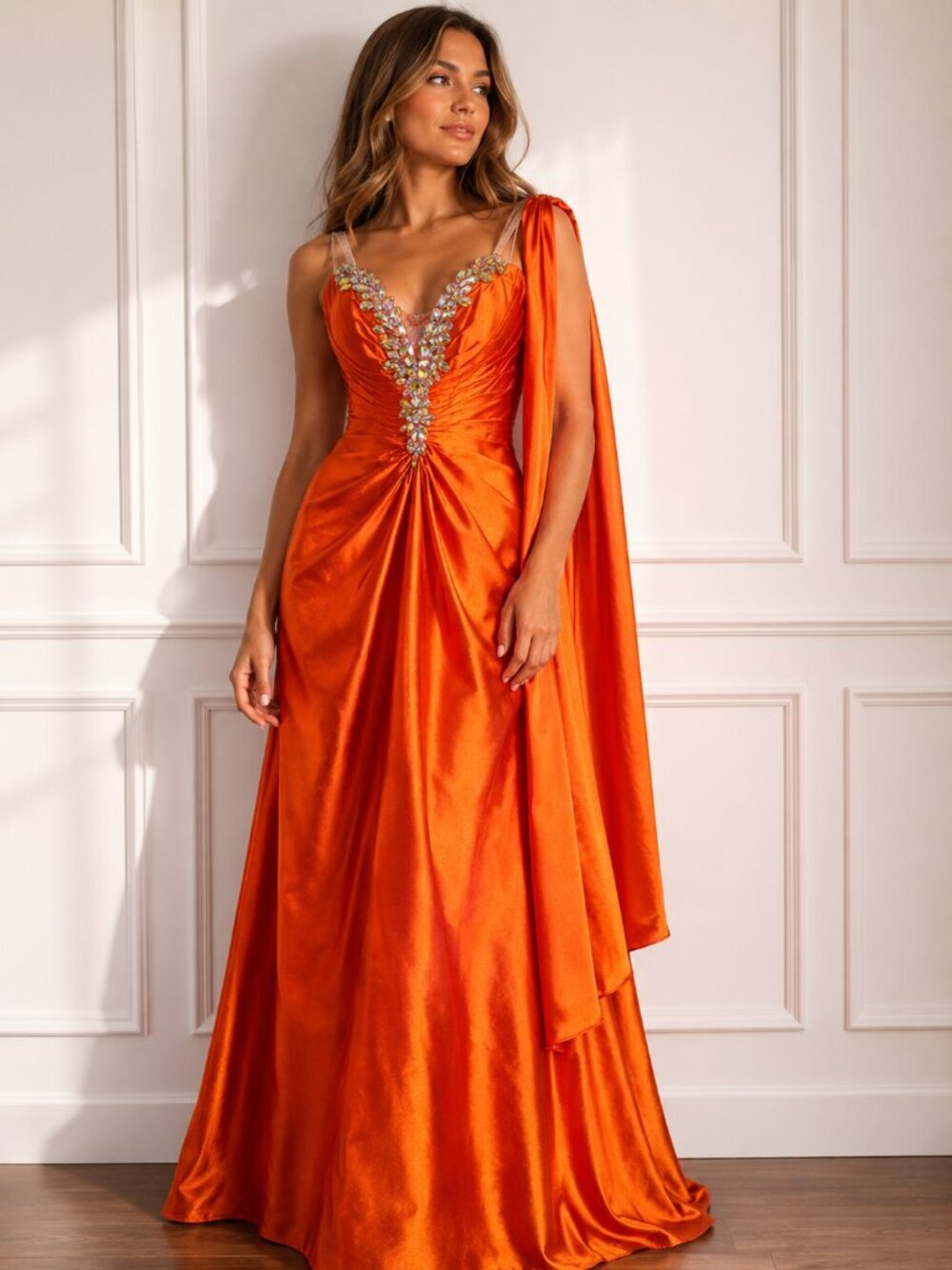 Tony Bowls Orange Beaded One Shoulder Formal Gown NWOT Size 6 Crystal Pageant